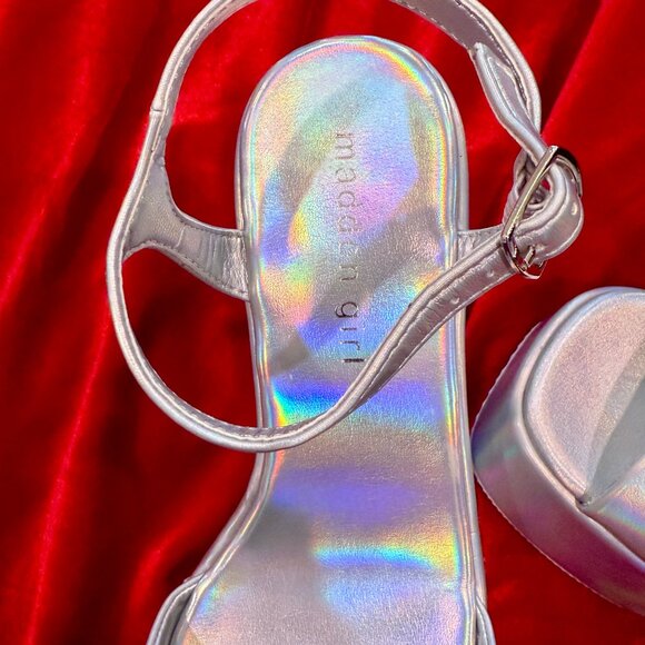 MADDEN GIRL SILHOUETTE SCULPTED SILVER HOLLOGRAM PLATFORM WEDGE SANDALS NWOT - Picture 8 of 11